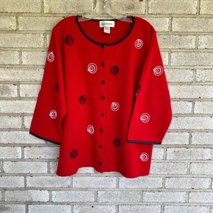 C.D.Daniels red cardigan with navy and white accents.  3/4 sleeves 1x